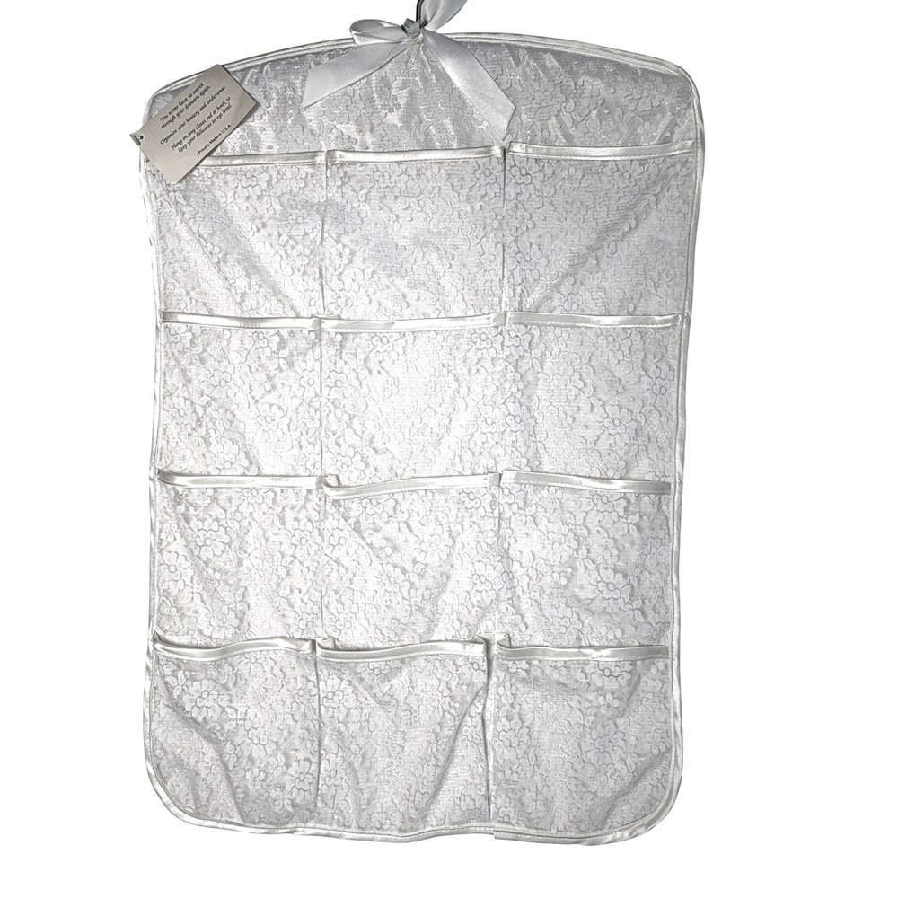 Vintage Lace Hanging Closet Organizer White Floral Lace 12-Pocket garment Bag